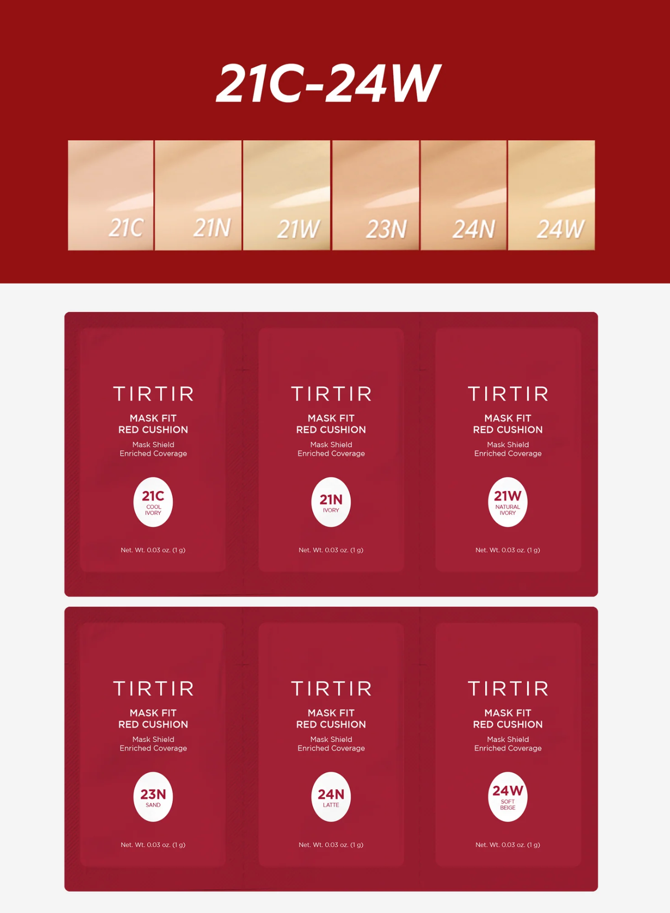TIRTIR Mask Fit Red Cushion 6 Shade Trial Kit (muestrario)